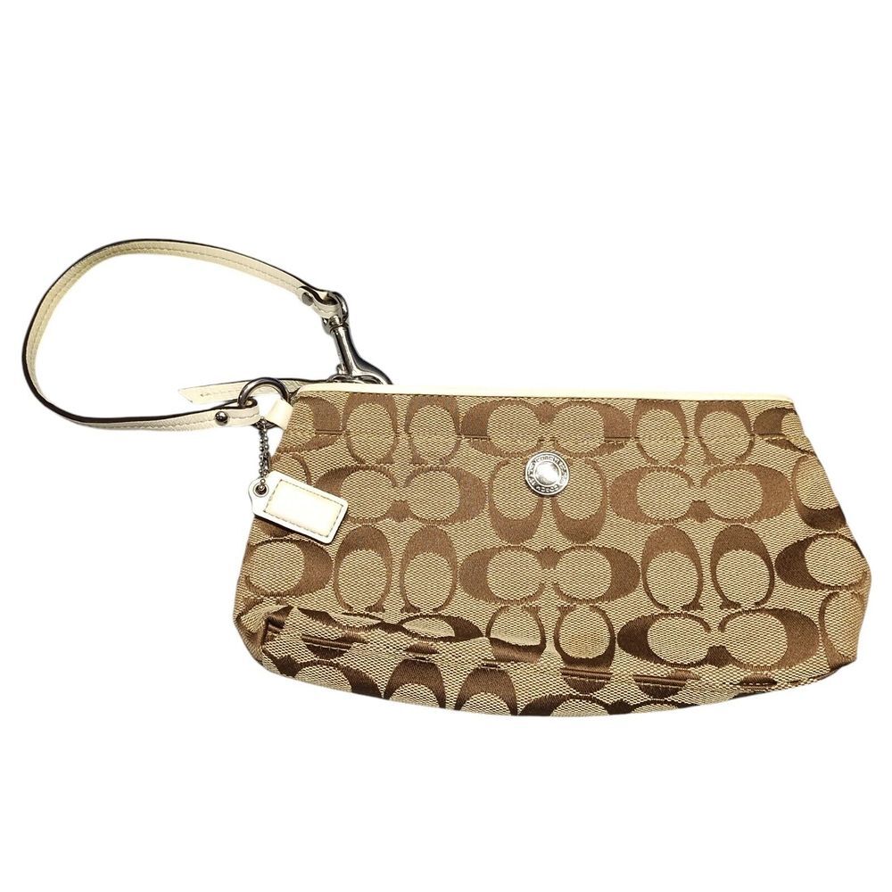 Coach New York Wristlet Womens Tan Signature All Over Print Canvas Leather Strap